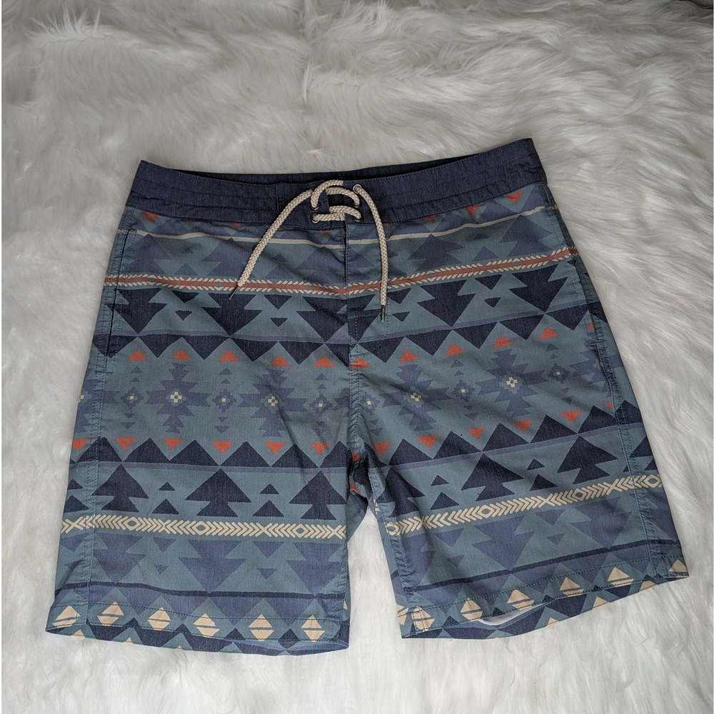 Faherty Board Shorts Men 32 Blue Aztec Geometric Southwestern Stretch Swim Trunk